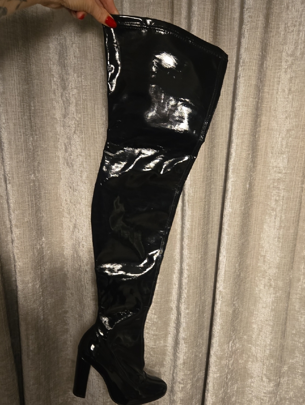 Black Patent Over-the-Knee Block Heel Boots - Picture 3 of 3